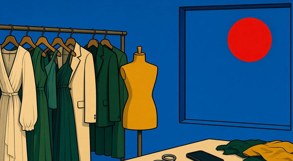 Illustrated atelier: evening garments on a rail, a tailor at the table, red sun in the window.