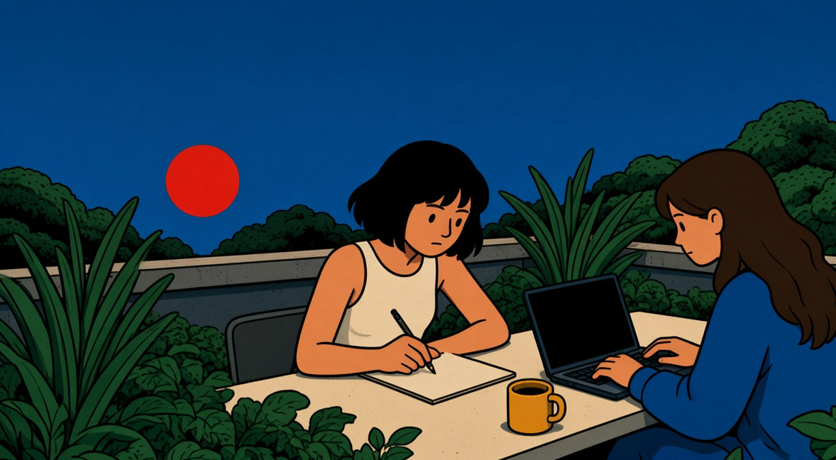 Illustrated two women working at a rooftop table under a red sun.