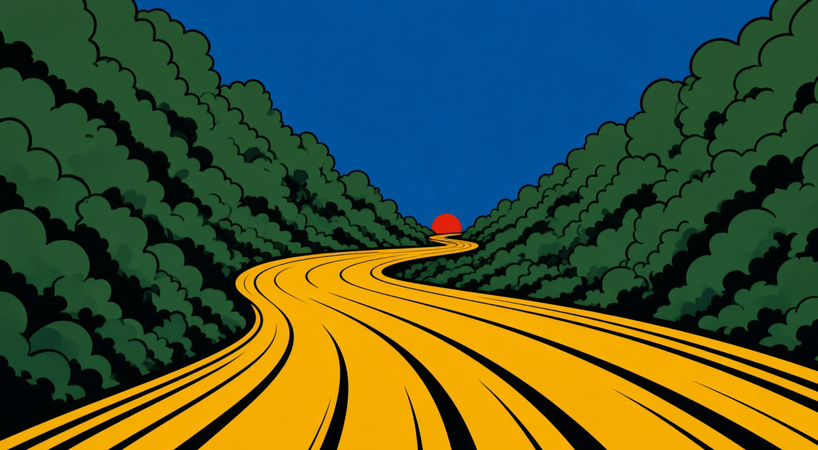 Illustrated mustard road climbing through forest toward a red sun.