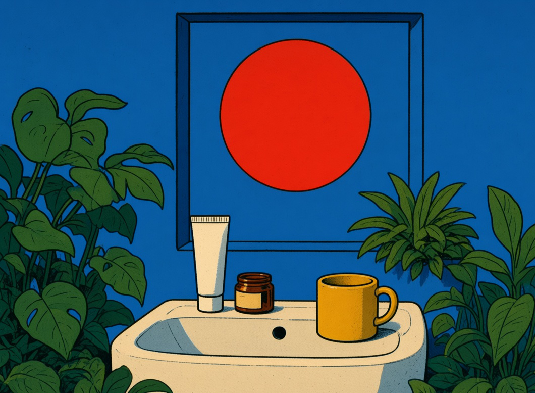 Illustrated cream tube and amber jar on a sink under a red sun.